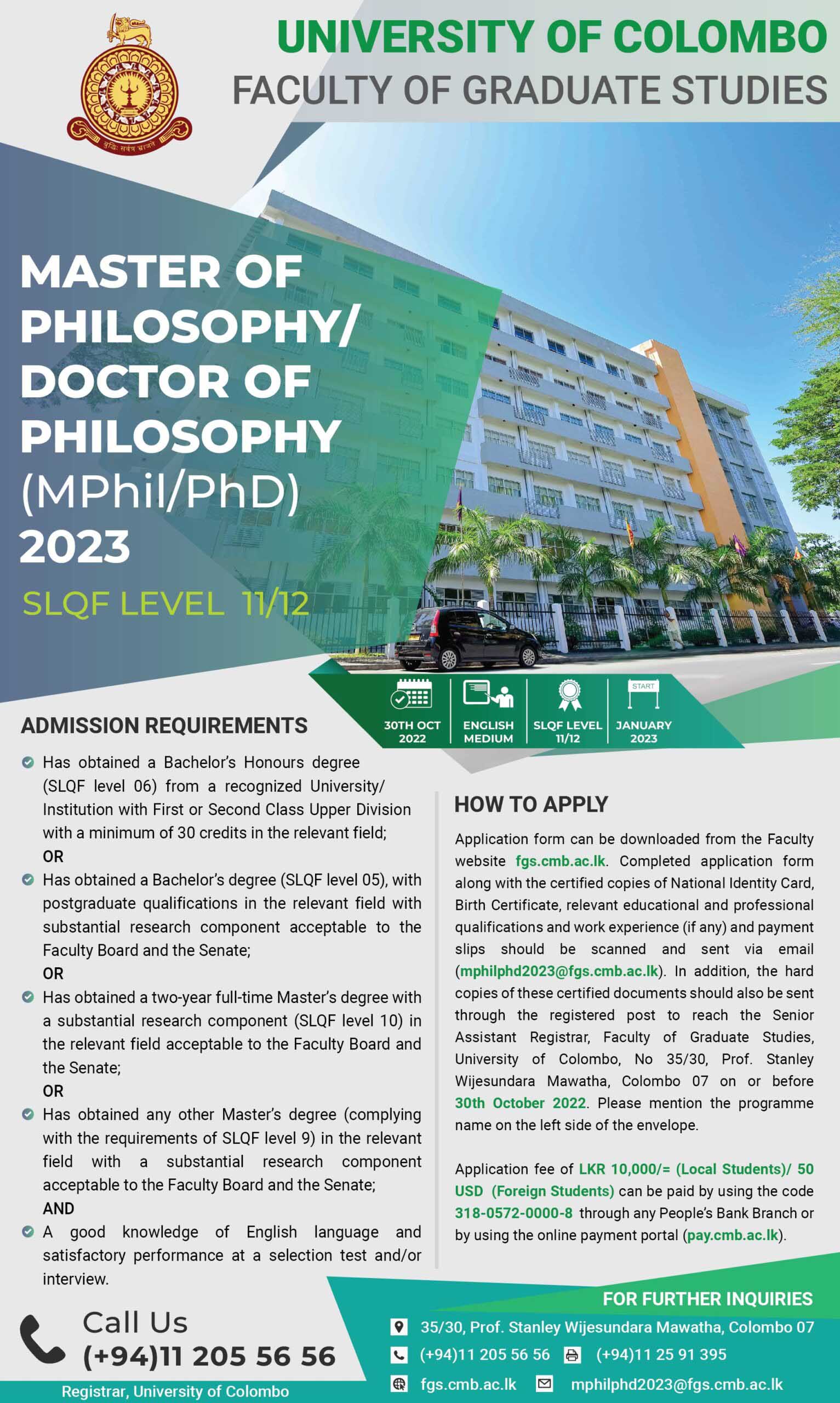 Master of Philosophy/Doctor of Philosophy (MPhil/PhD) 2023 - University of Colombo