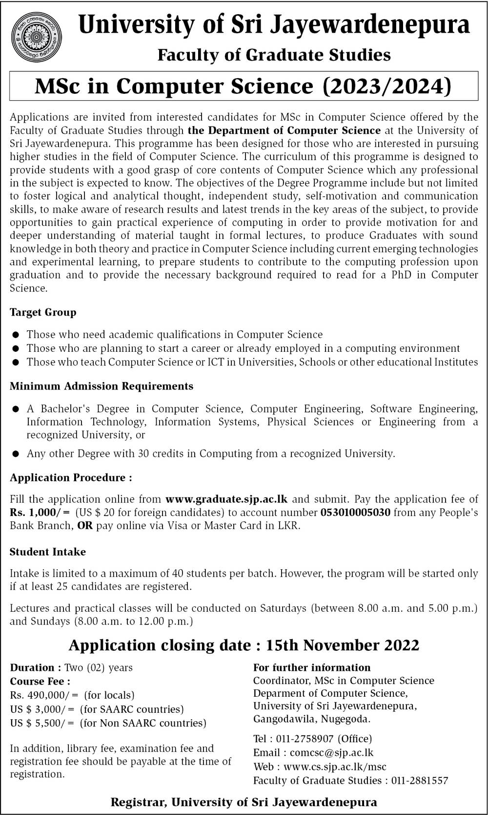 Calling Applications for MSc in Computer Science (2023/2024) - University of Sri Jayewardenepura