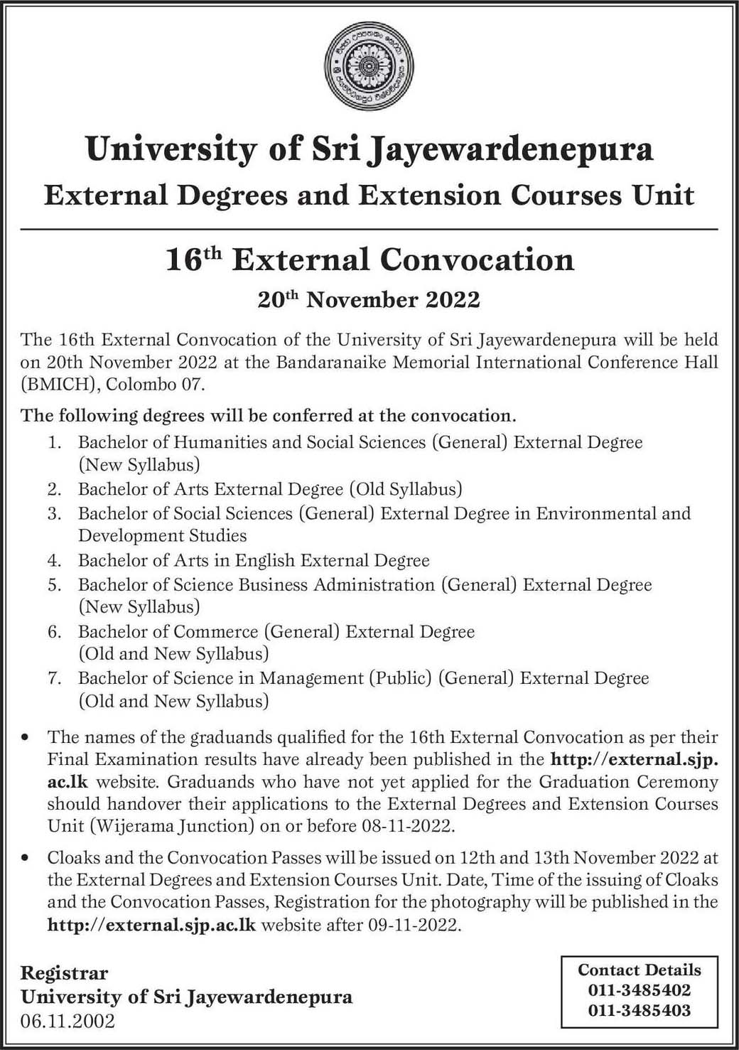16th External Convocation 20th November 2022 - University of Sri Jayewardenepura