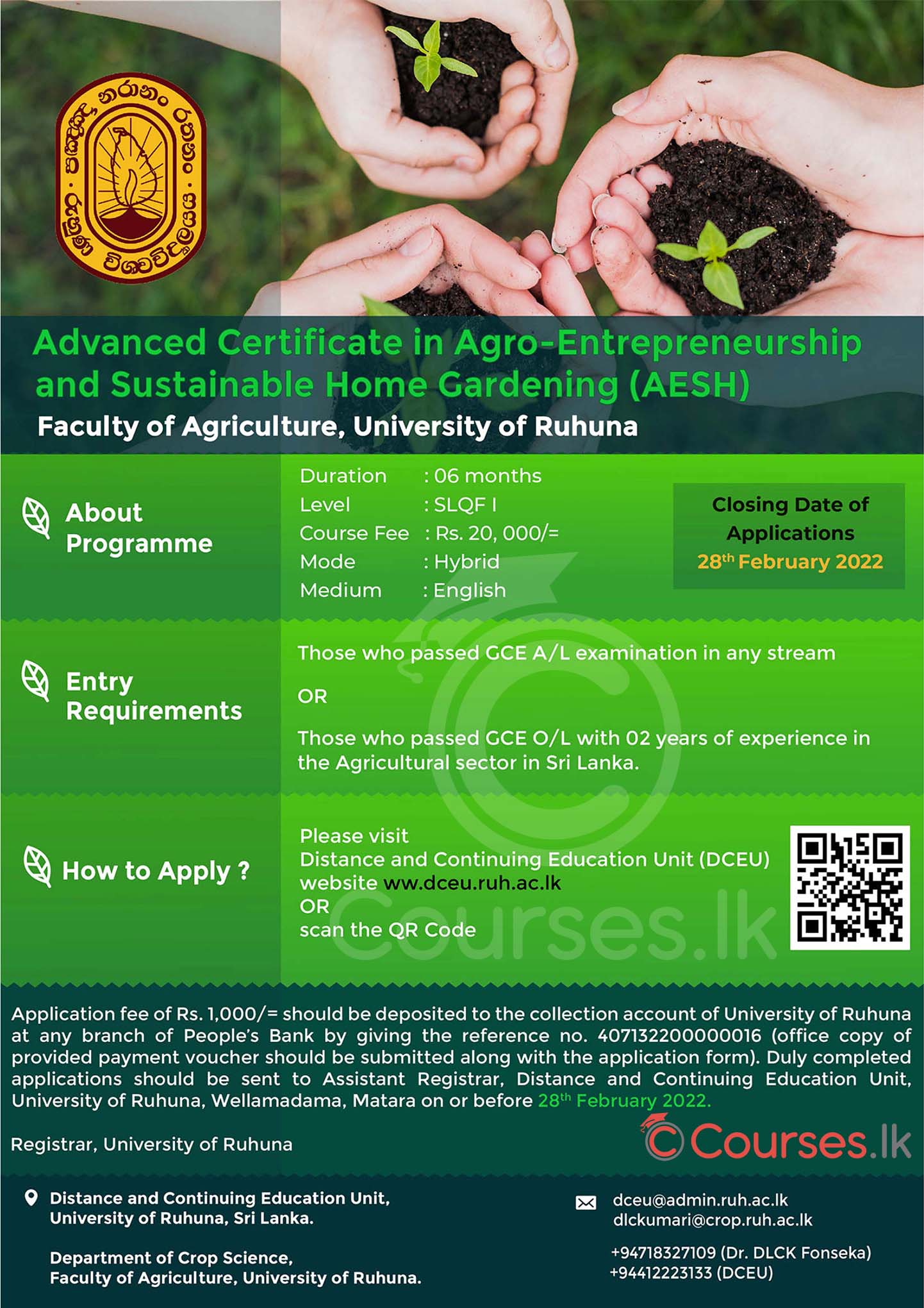 Advanced Certificate in Agro-Entrepreneurship and Sustainable Home Gardening (AESH) 2022 - University of Ruhuna