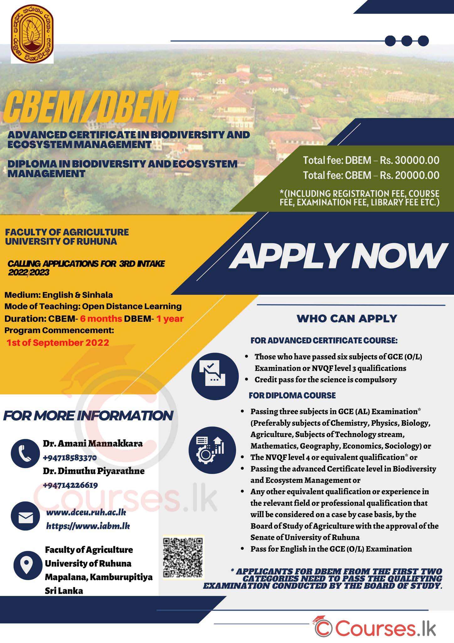 Diploma / Advanced Certificate in Biodiversity and Ecosystem Management - University of Ruhuna