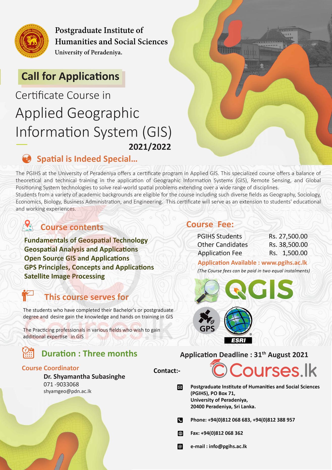 Certificate in Applied Geographic Information System (GIS) 2021/2022 - University of Peradeniya