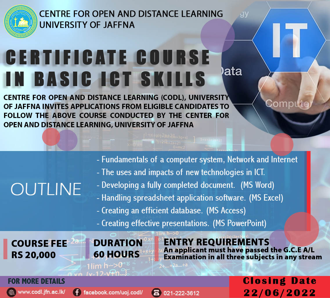 Certificate Course in Basic ICT Skills 2022 - University of Jaffna