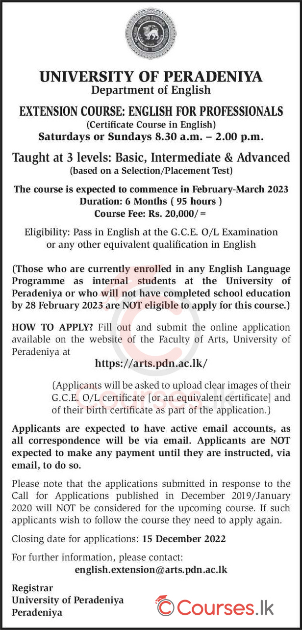 Certificate Course in English for Professionals 2022 - University of Peradeniya