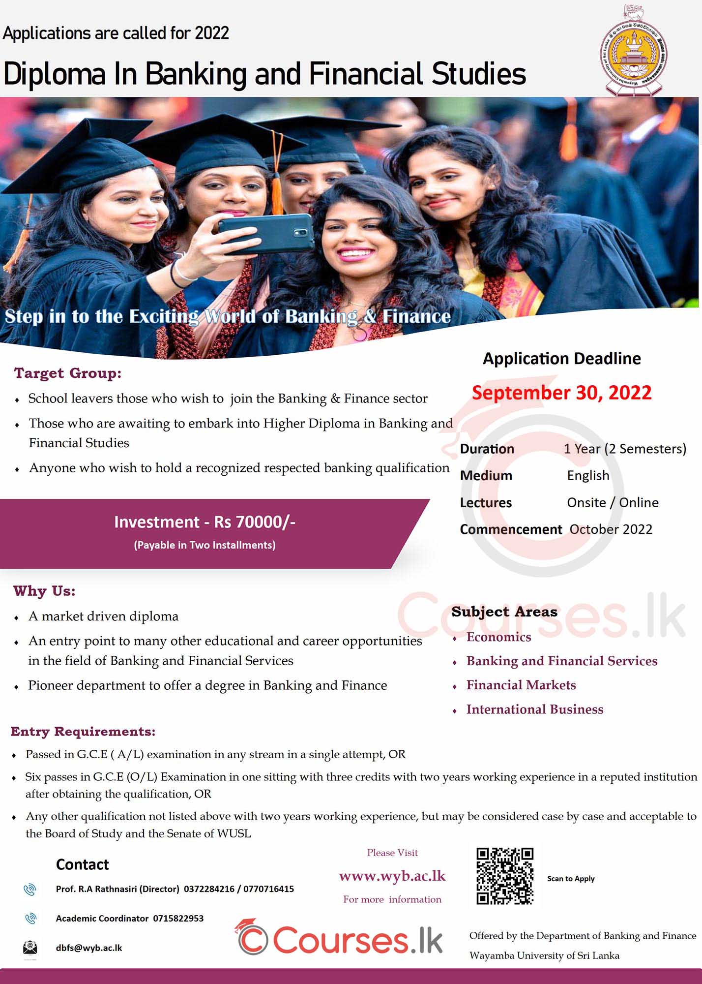 Diploma in Banking & Financial Studies 2022- Wayamba University of Sri Lanka (WUSL)