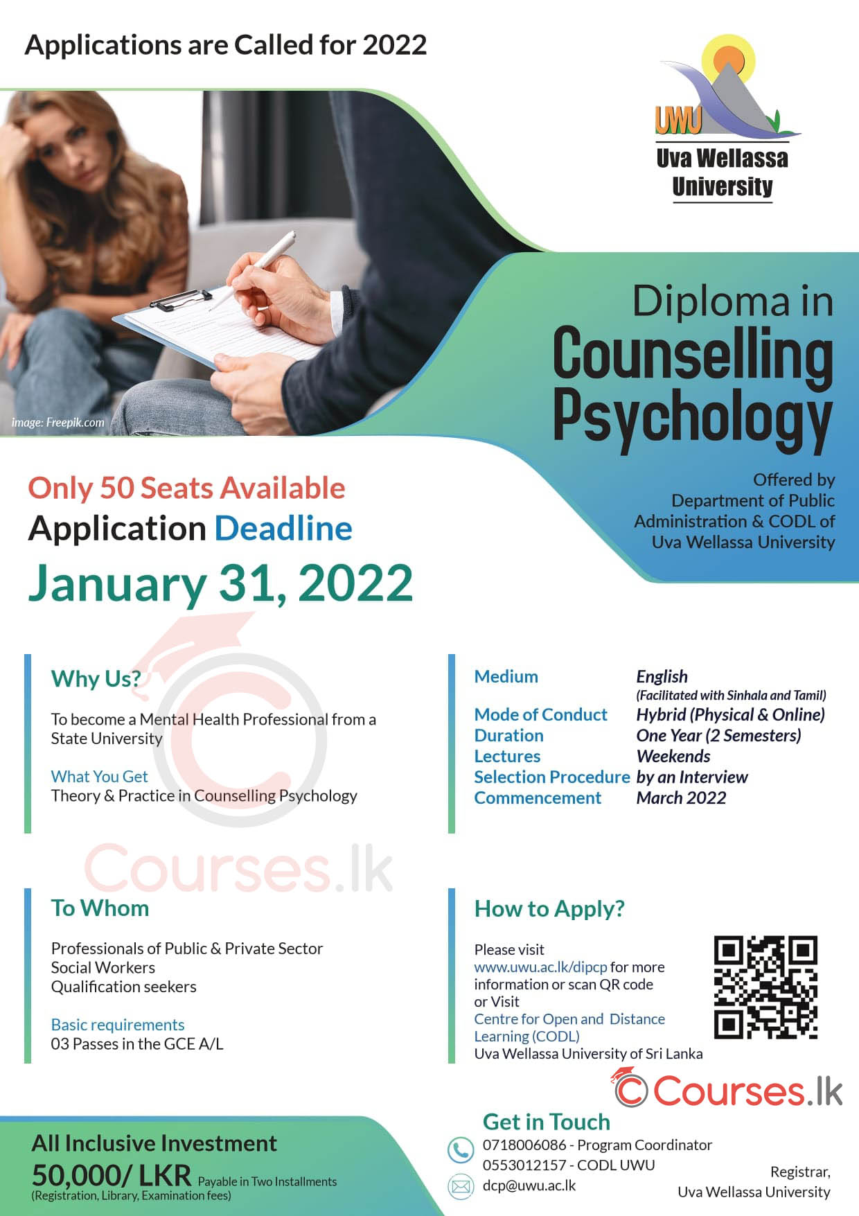 Diploma in Counselling Psychology 2022 - Uva Wellassa University (UWU)