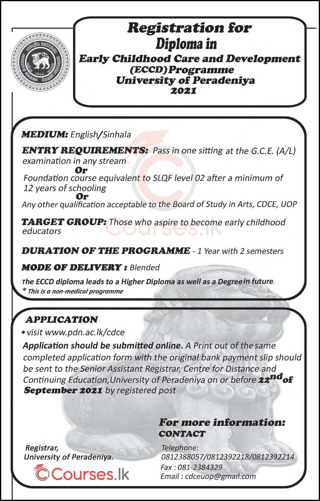 Diploma in Early Childhood Care and Development (ECCD) 2021 - University of Peradeniya
