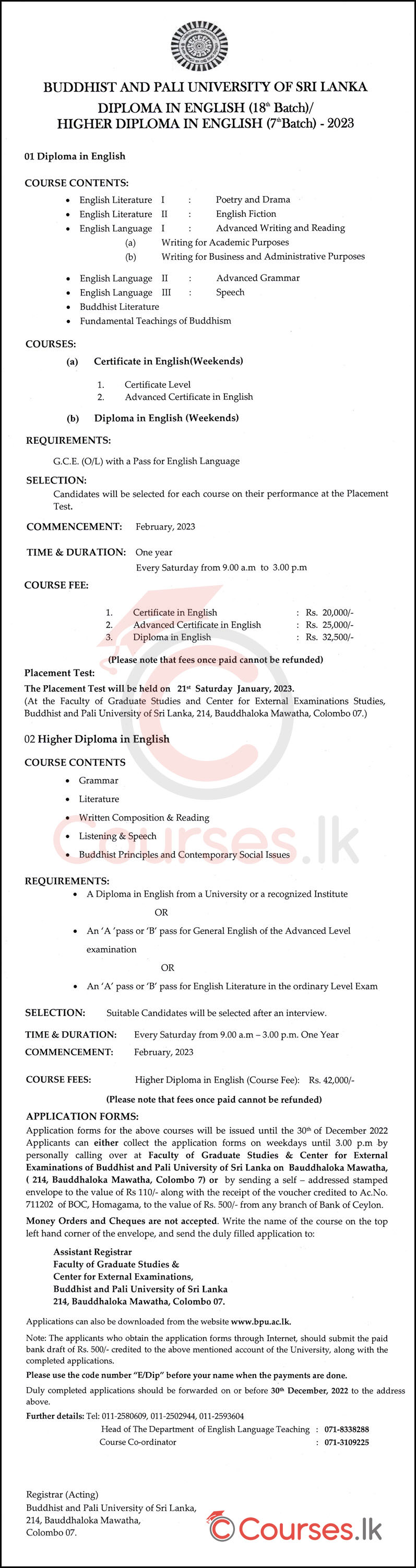 English Language Courses (Diploma & Certificate) 2022/2023 - Buddhist and Pali University of Sri Lanka