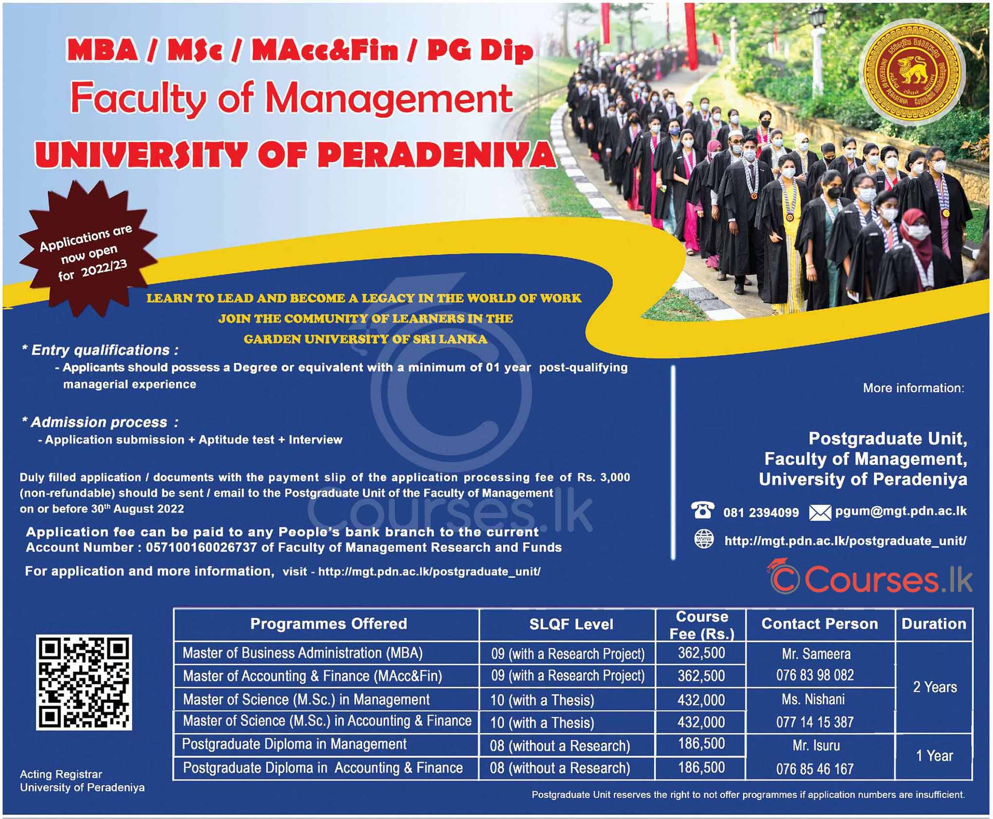 Masters & PGD Programmes 2022 - Faculty of Management, University of Peradeniya