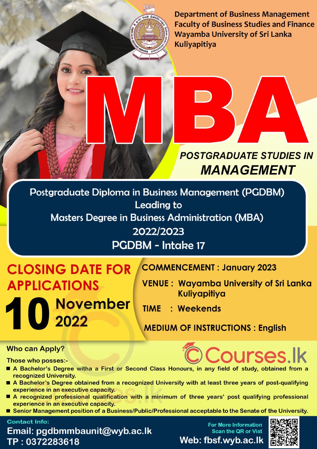 Master in Business Administration (MBA) 2022/2023 - Wayamba University of Sri Lanka (WUSL)