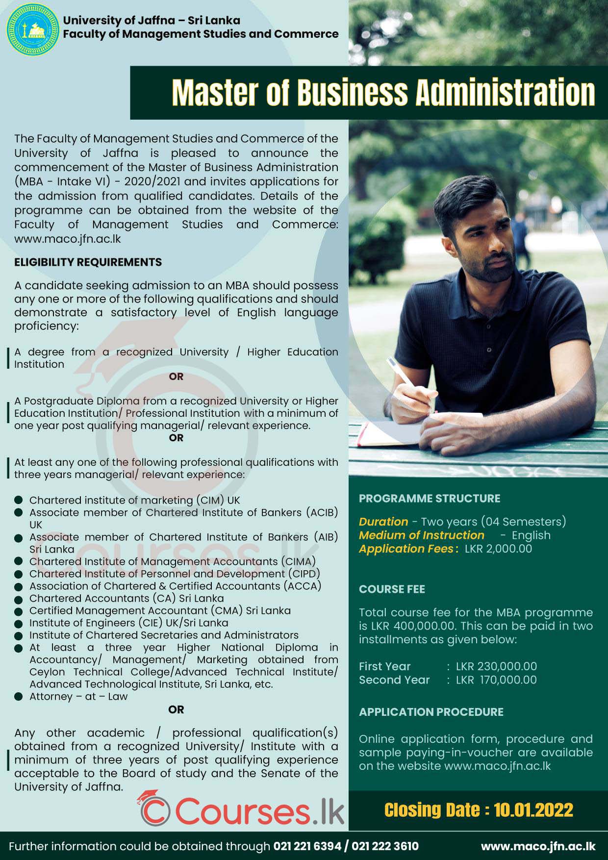 Master of Business Administration (MBA) 2022 (2020/2021) - University of Jaffna