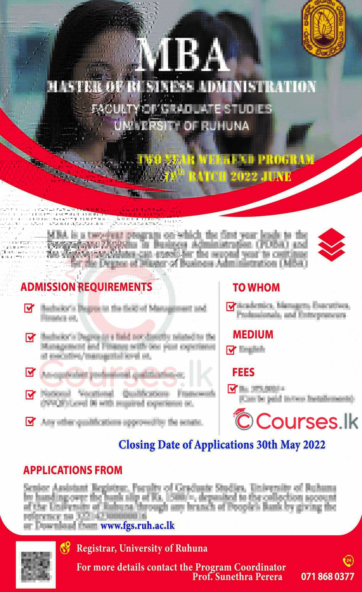 Master of Business Administration (MBA) 2022 - University of Ruhuna