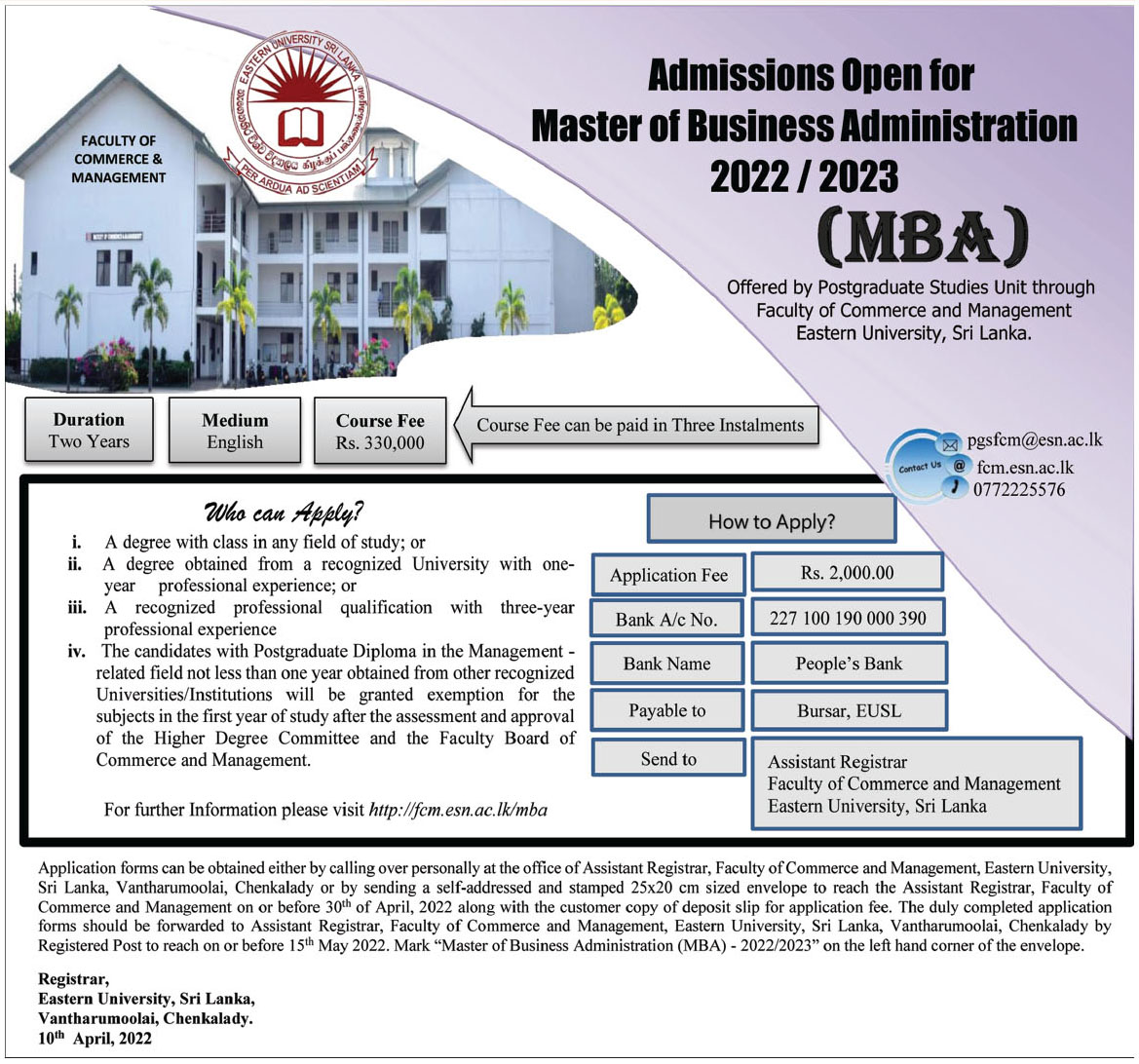 Master of Business Administration (MBA) Programme 2022 - Eastern University