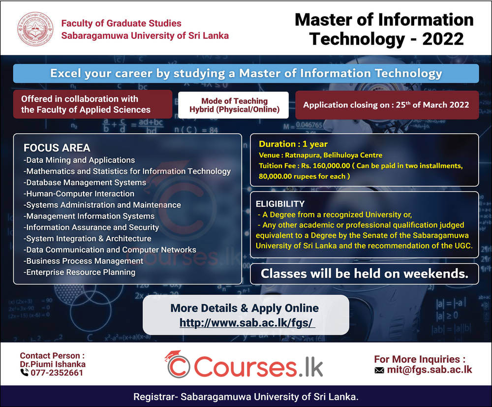 Master of Information Technology 2022 - Sabaragamuwa University of Sri Lanka (SUSL)