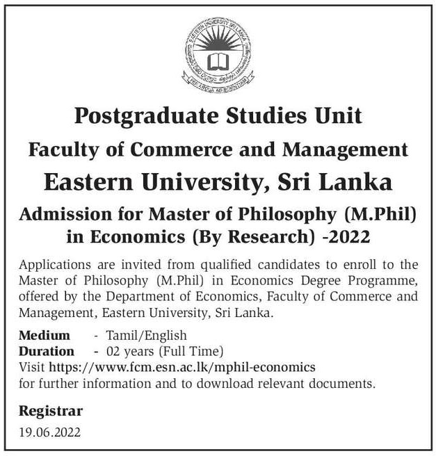 MPhil in Economics (By Research) 2022 - Eastern University (EUSL)