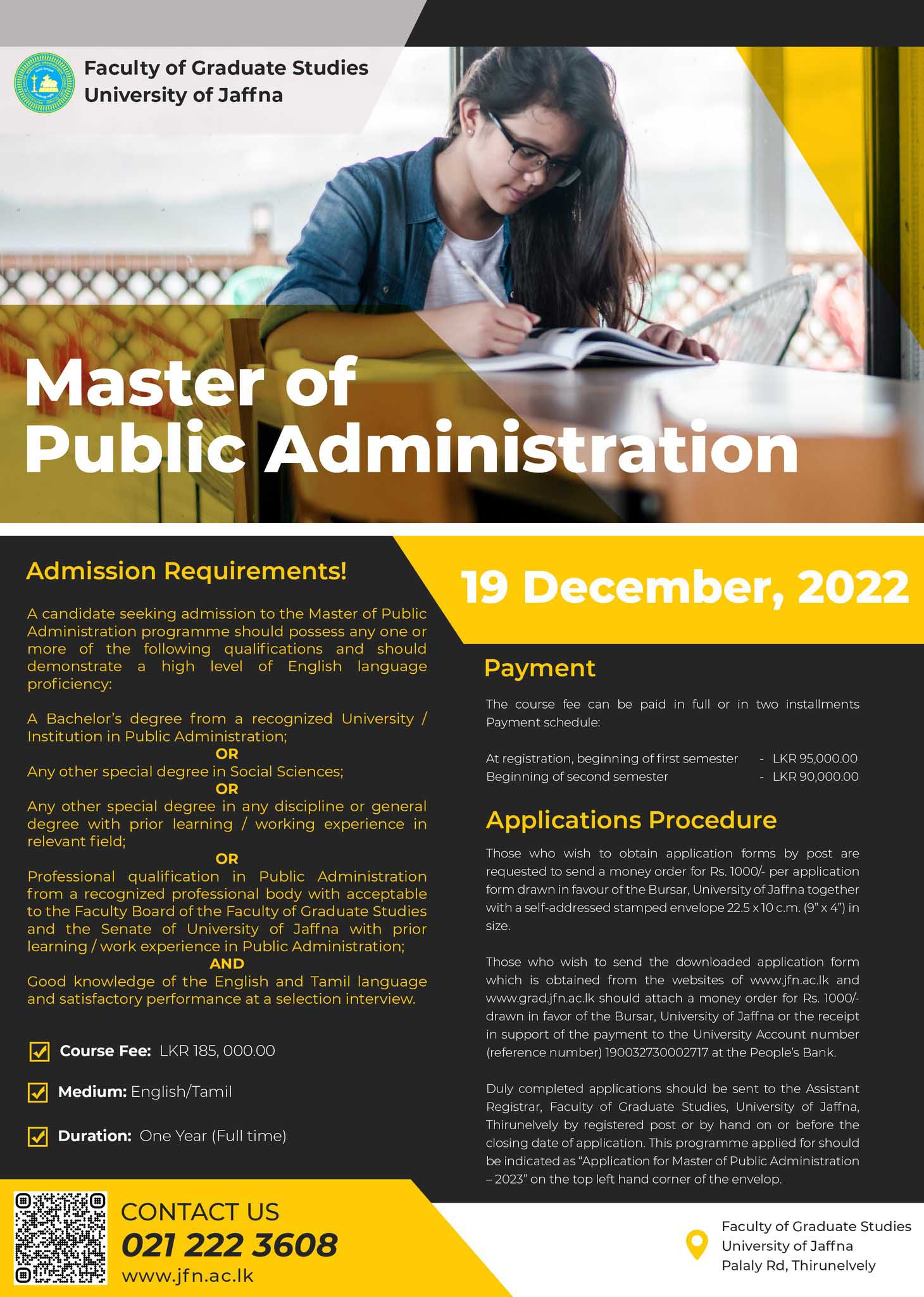 Call for Applications - Master of Public Administration 2022/2023 from the Faculty of Graduates Studies, University of Jaffna
