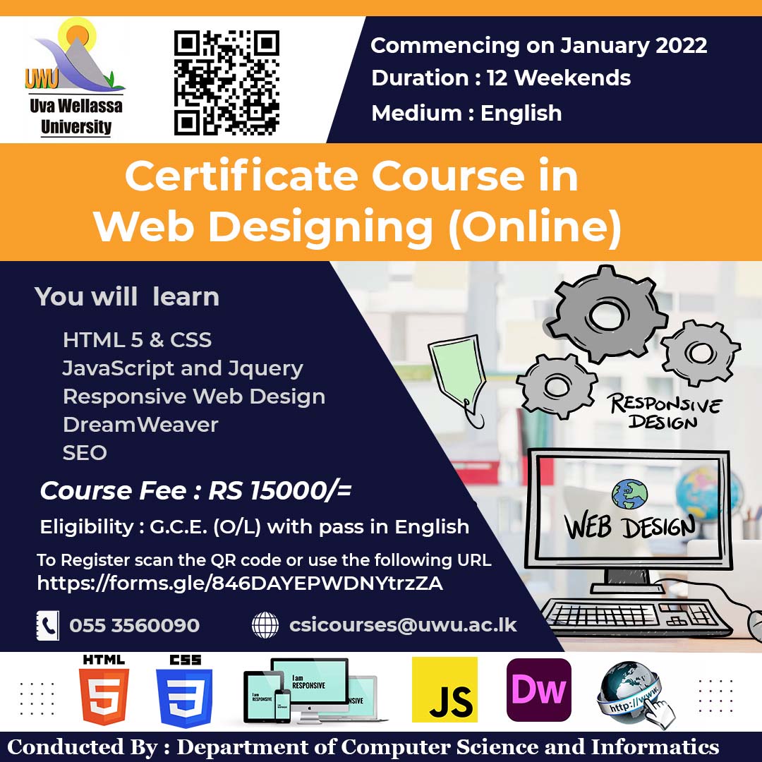Certificate Course in Web Designing (Online) 2022 - Uva Wellassa University (UWU)
