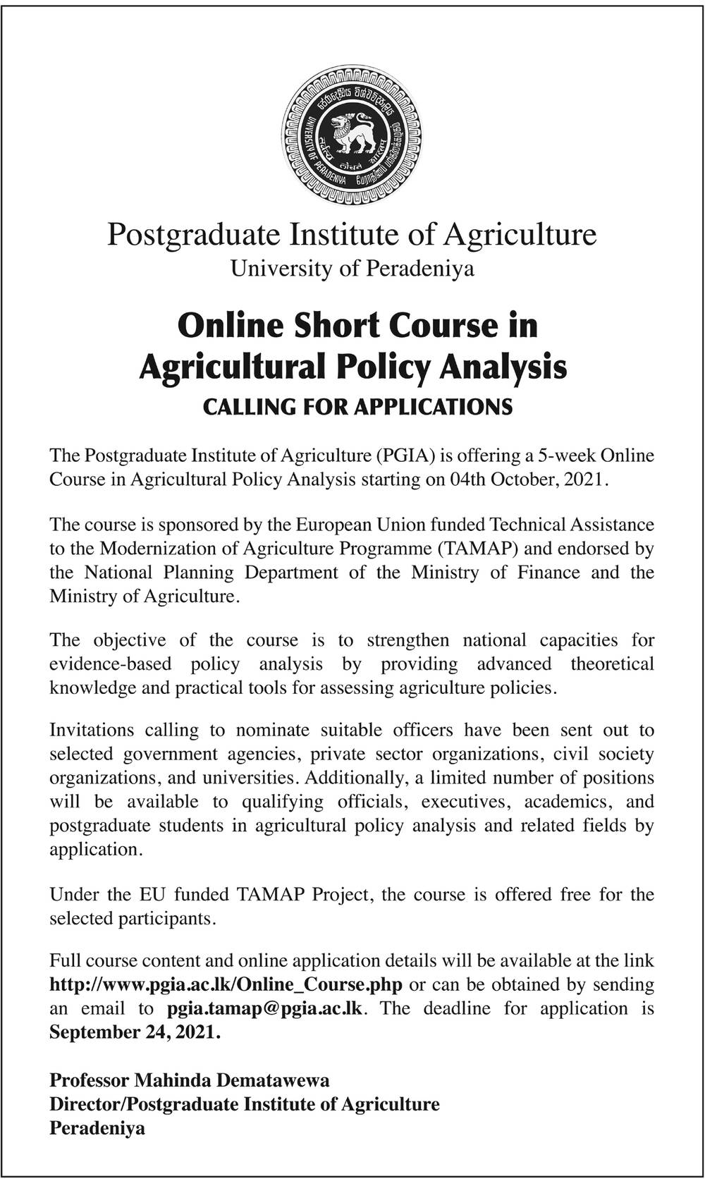 Online Course in Agricultural Policy Analysis 2021 - University of Peradeniya