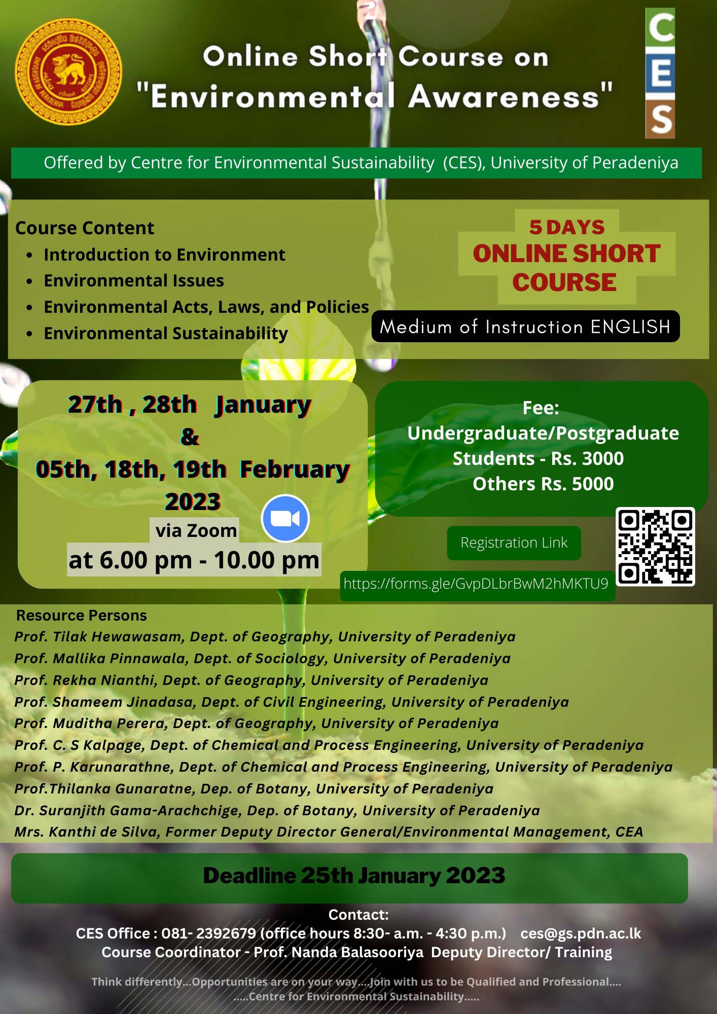 Call for Applications - Online Short Course on Environmental Awareness (2023) from the Centre for Environmental Sustainability, University of Peradeniya