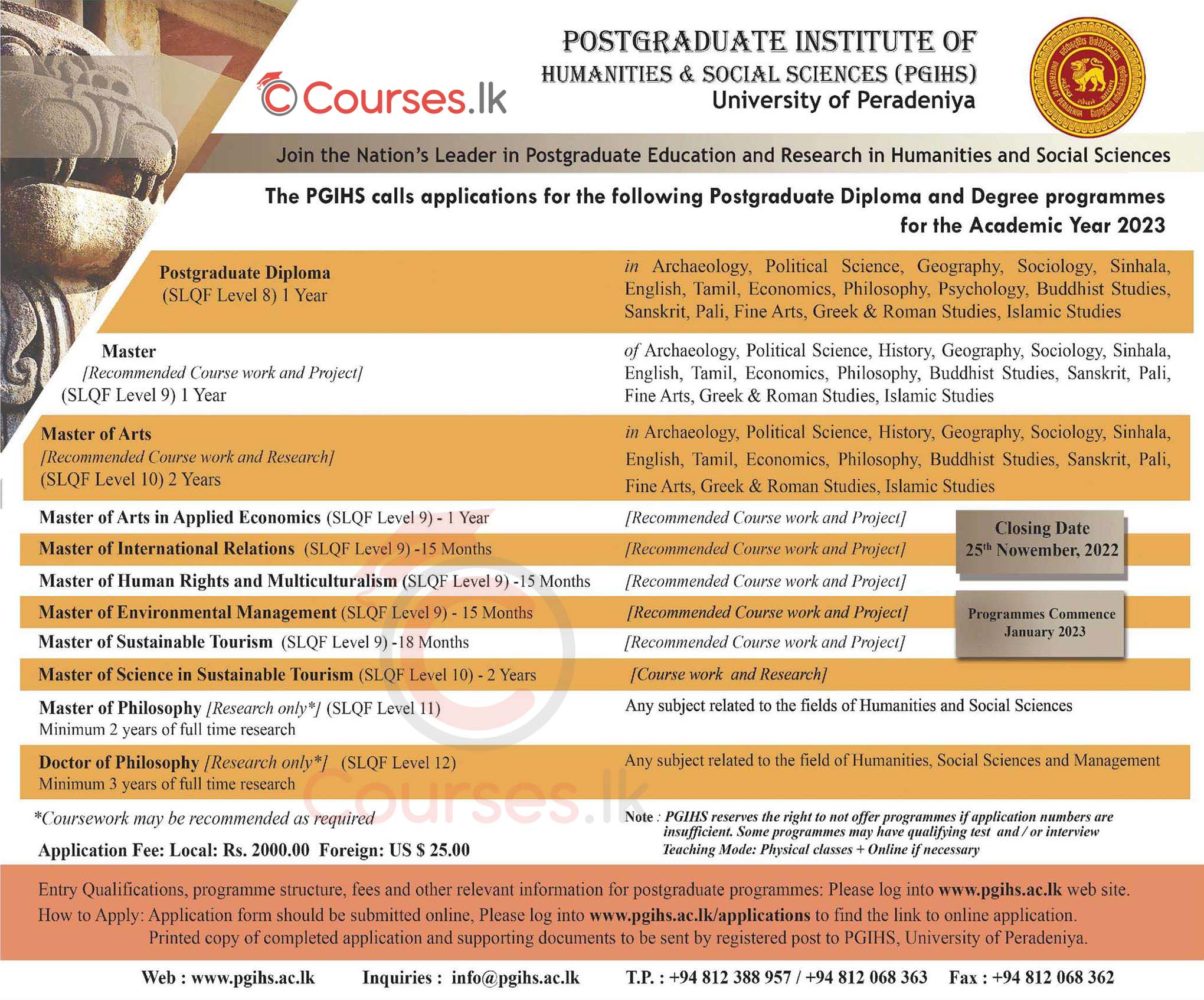 Postgraduate Programmes (PGD, Master, MA, MPhil, PhD) 2022/2023 - (PGIHS) University of Peradeniya