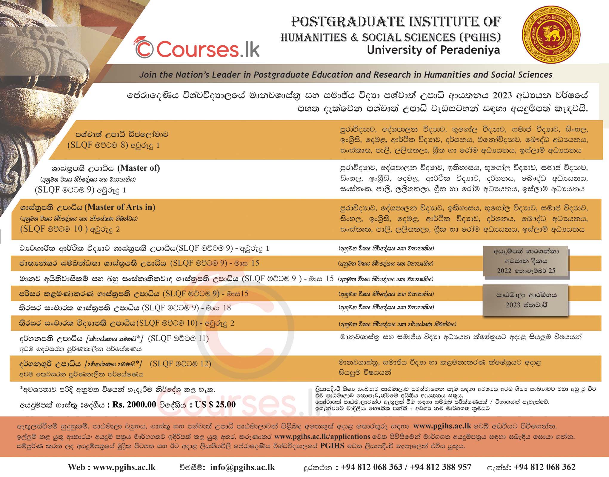 Postgraduate Programmes (PGD, Master, MA, MPhil, PhD) 2022/2023 - (PGIHS) University of Peradeniya
