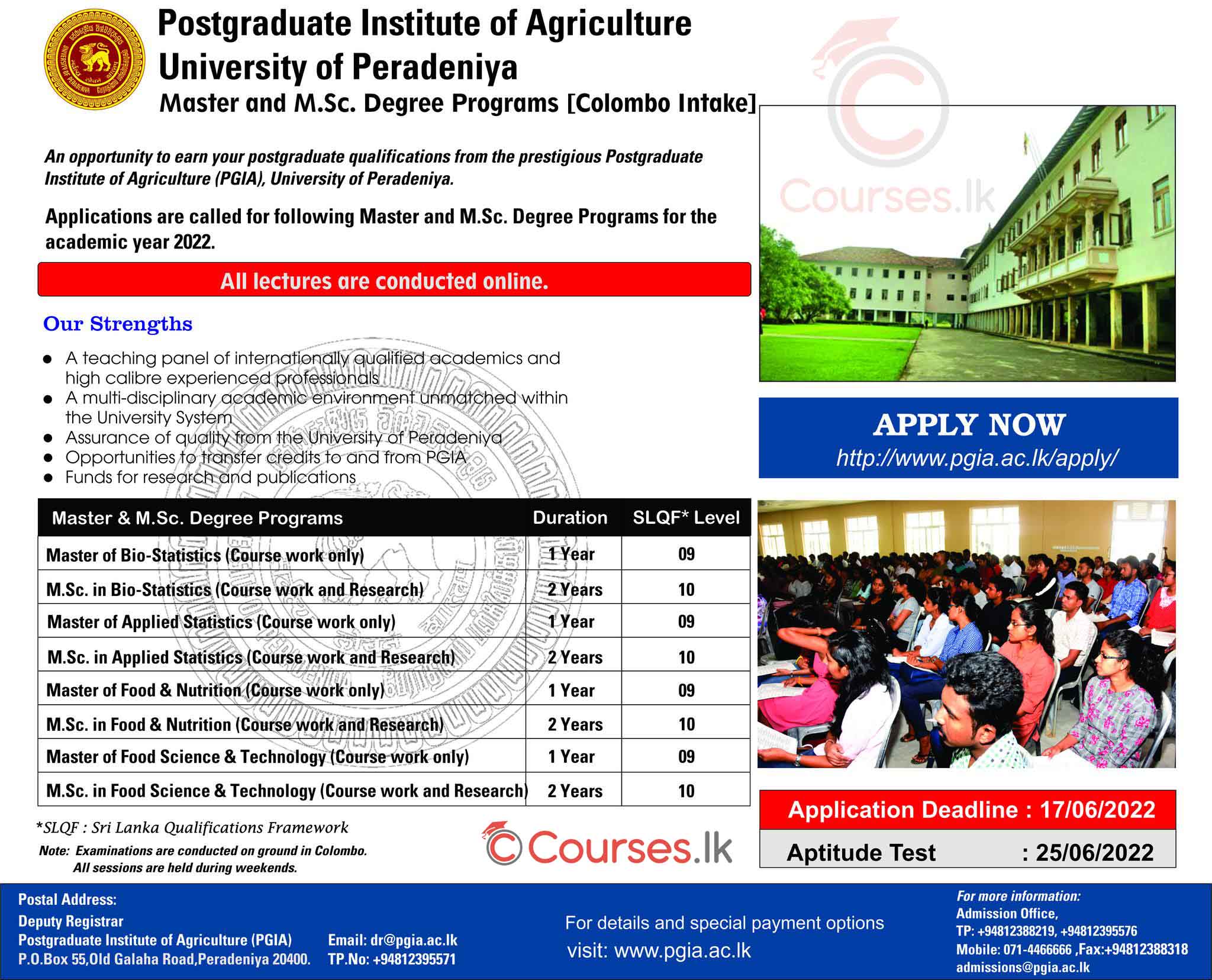 Master Degree Programmes (2022) Colombo Intake - PGIA, University of Peradeniya