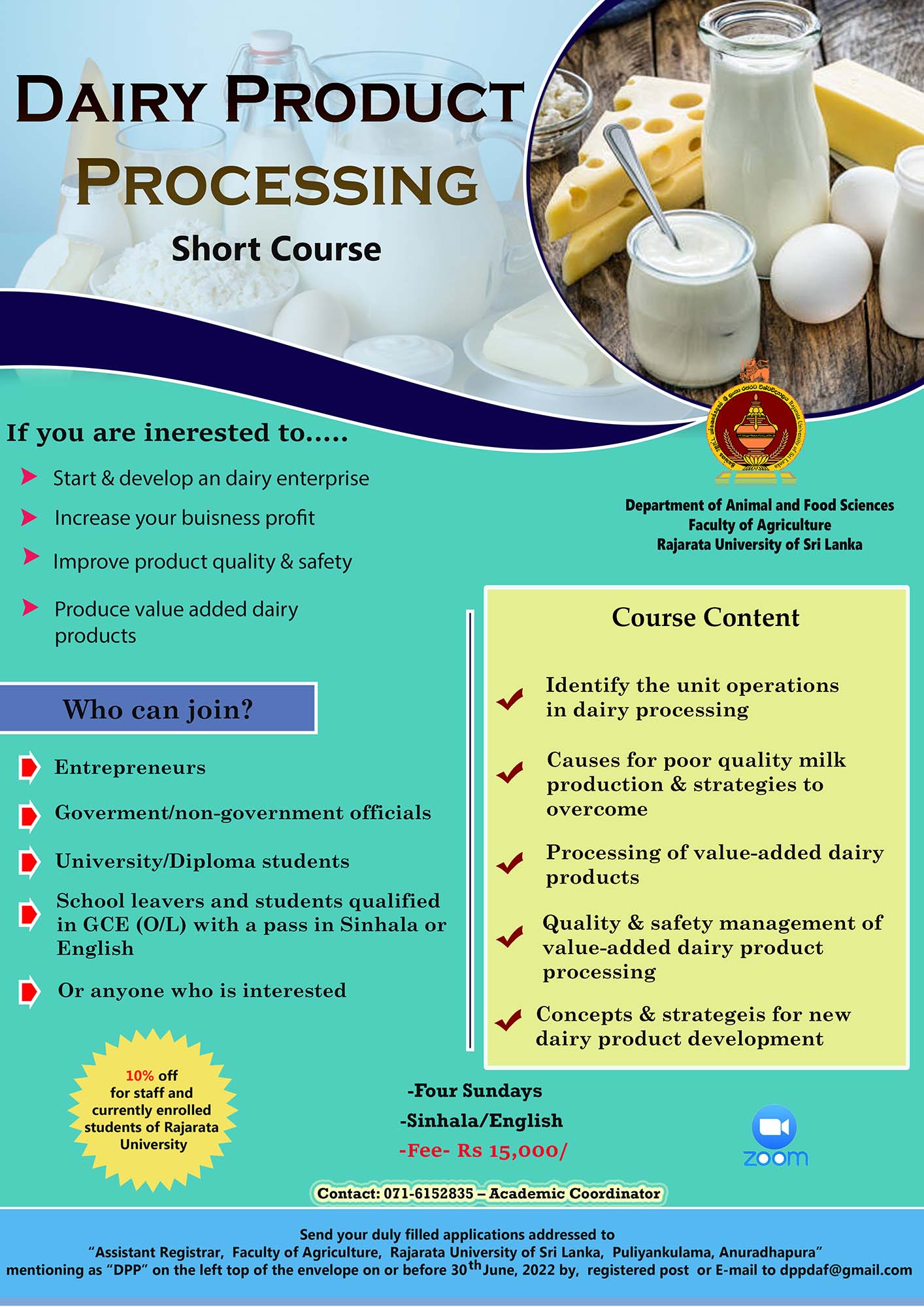 Short Course in Dairy Product Processing 2022 - Rajarata University of Sri Lanka
