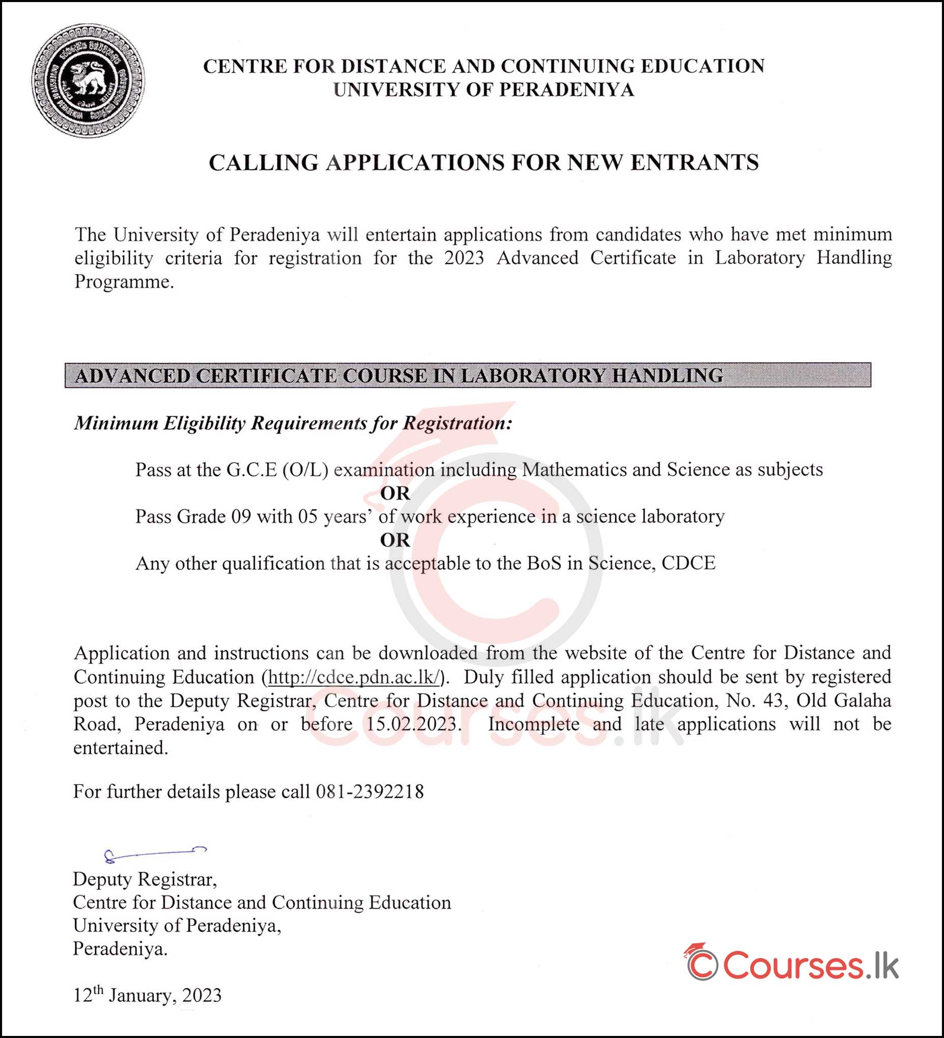Advanced Certificate in Laboratory Handling (2023) - University of Peradeniya