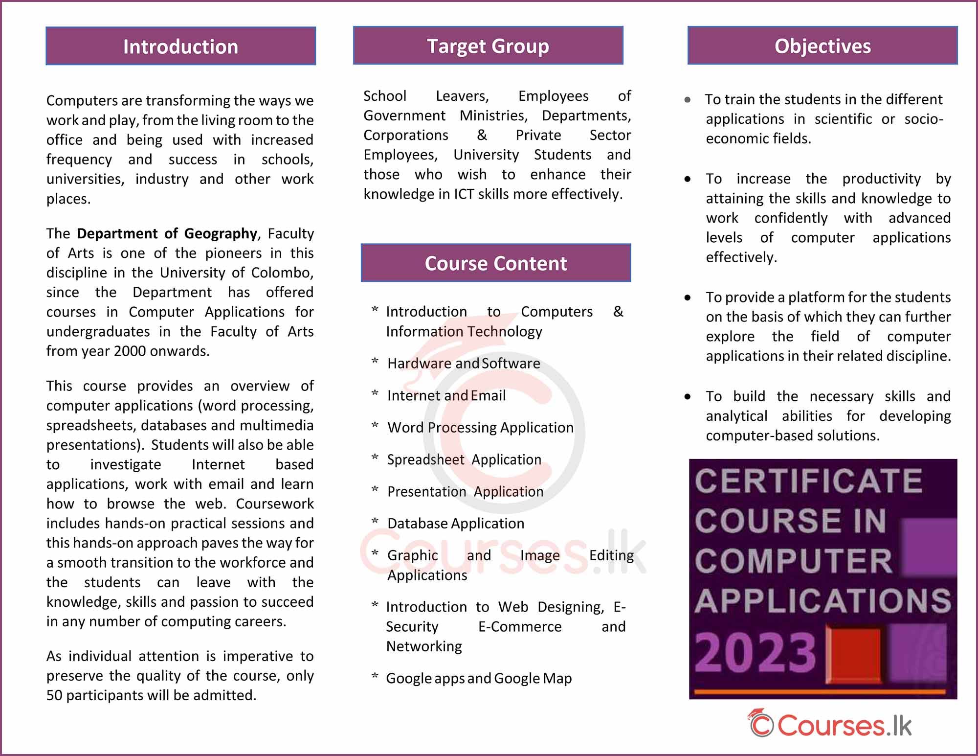 Certificate Course in Computer Applications 2023 - Department of Geography, University of Colombo