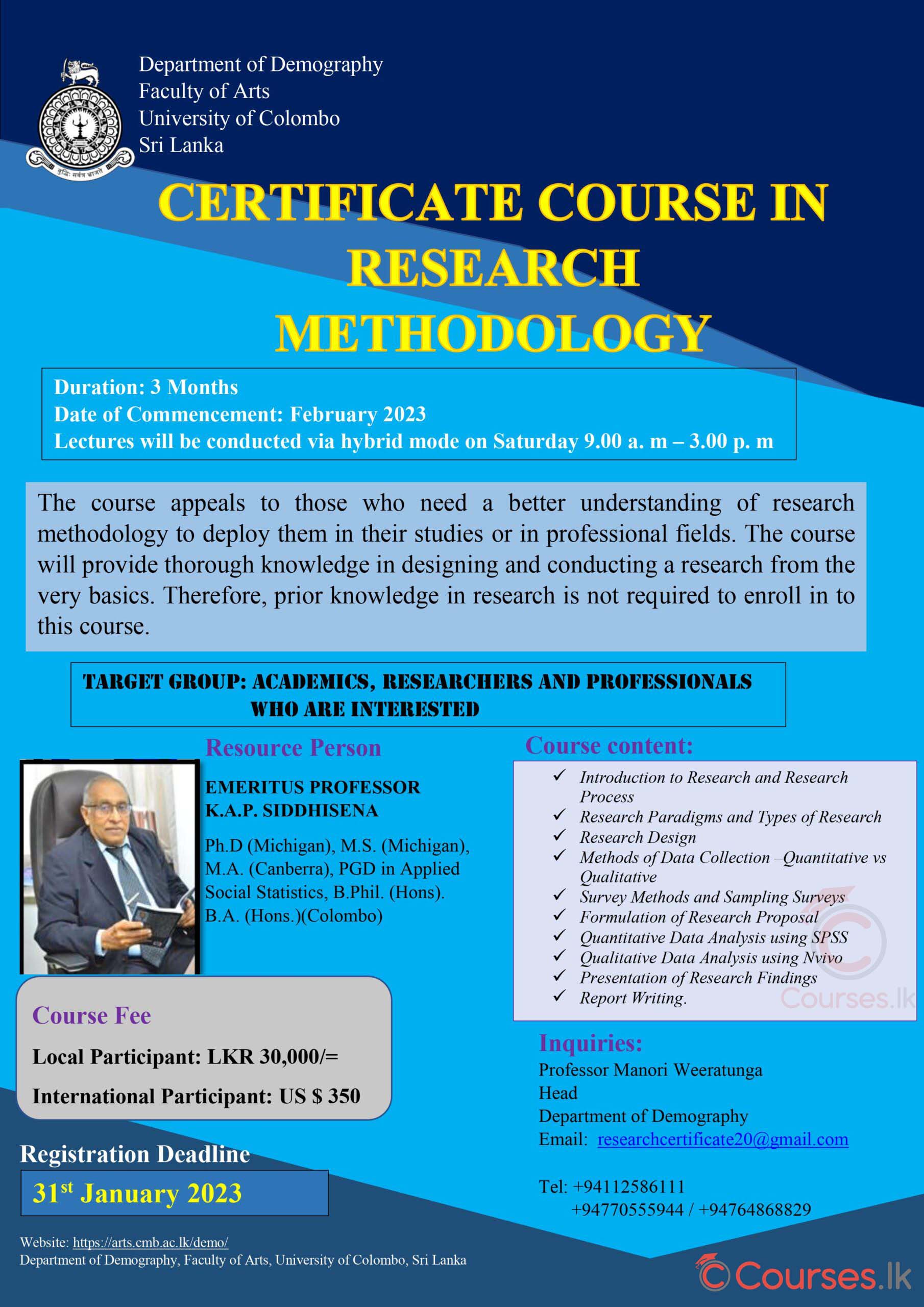 Certificate Course in Research Methodology 2023 - University of Colombo