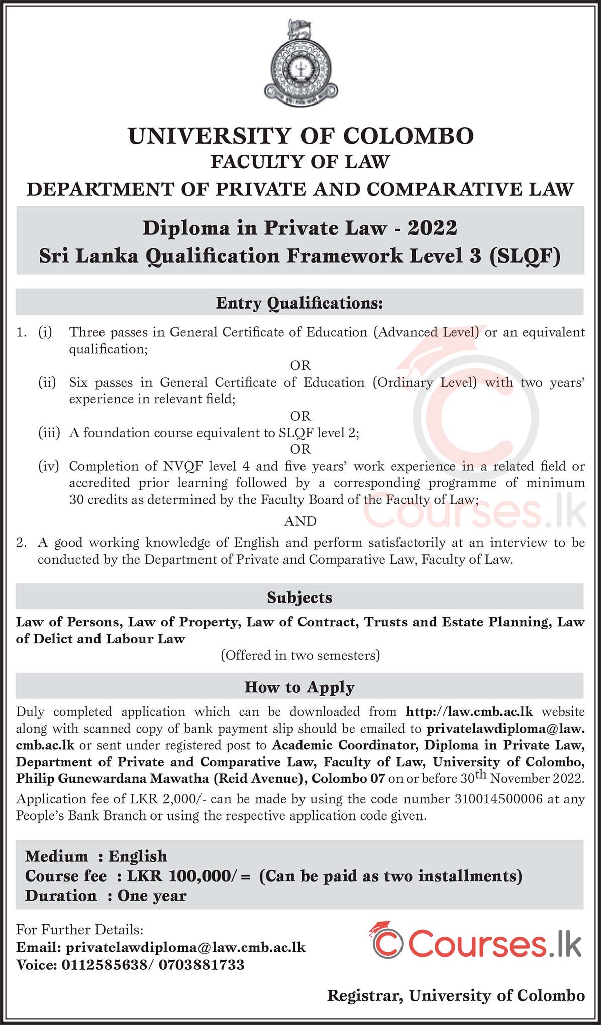 Diploma in Private Law (2022) - University of Colombo