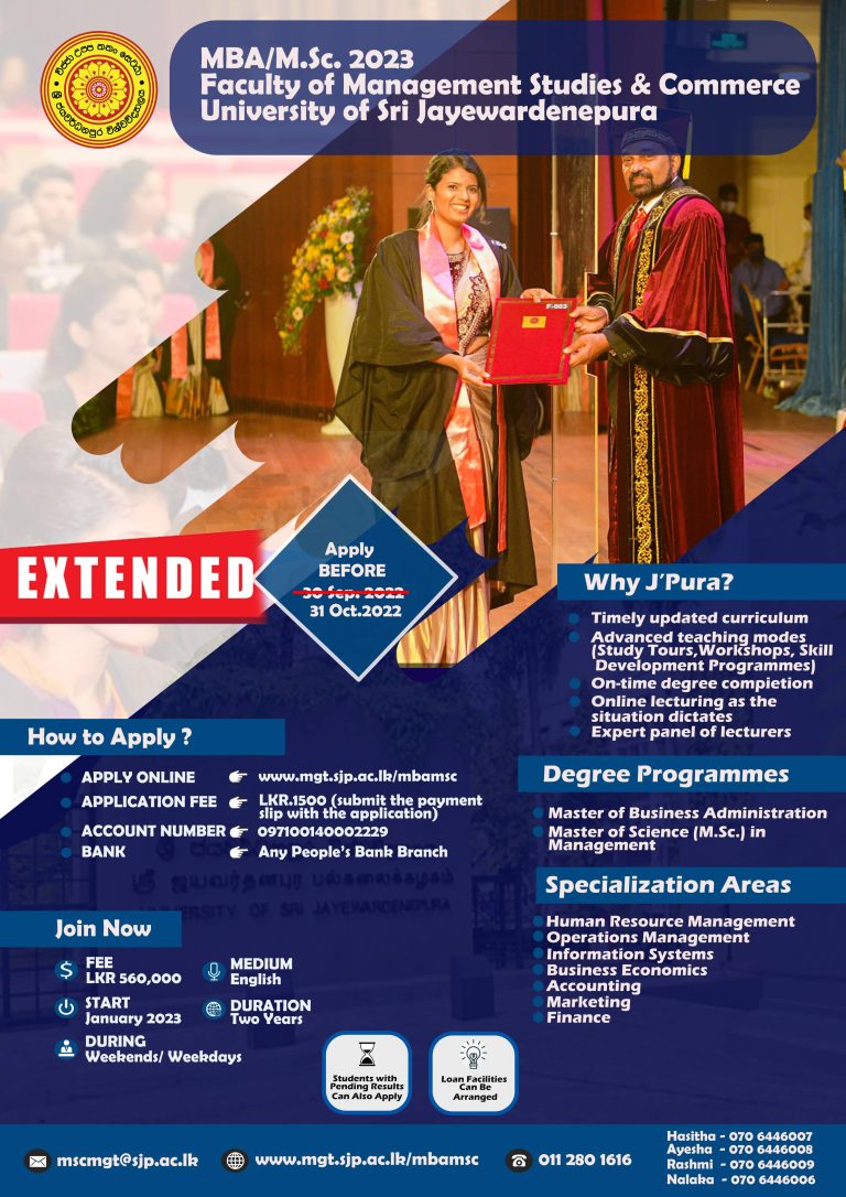 Master of Business Administration (MBA) & MSc in Management 2022 - University of Sri Jayewardenepura