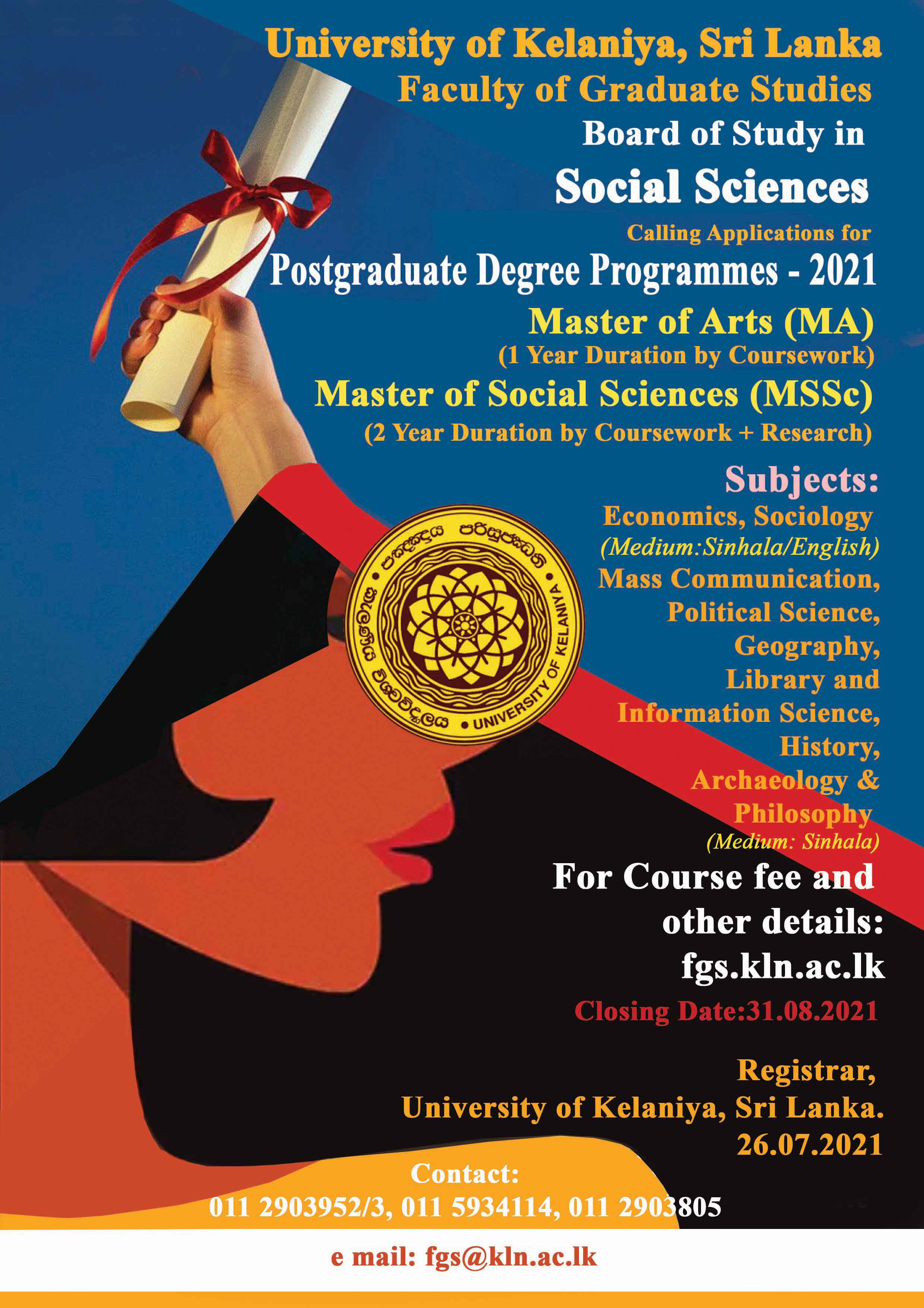 Master of Arts (MA) / Master of Social Sciences (MSSc) Programmes 2021 - Kelaniya University