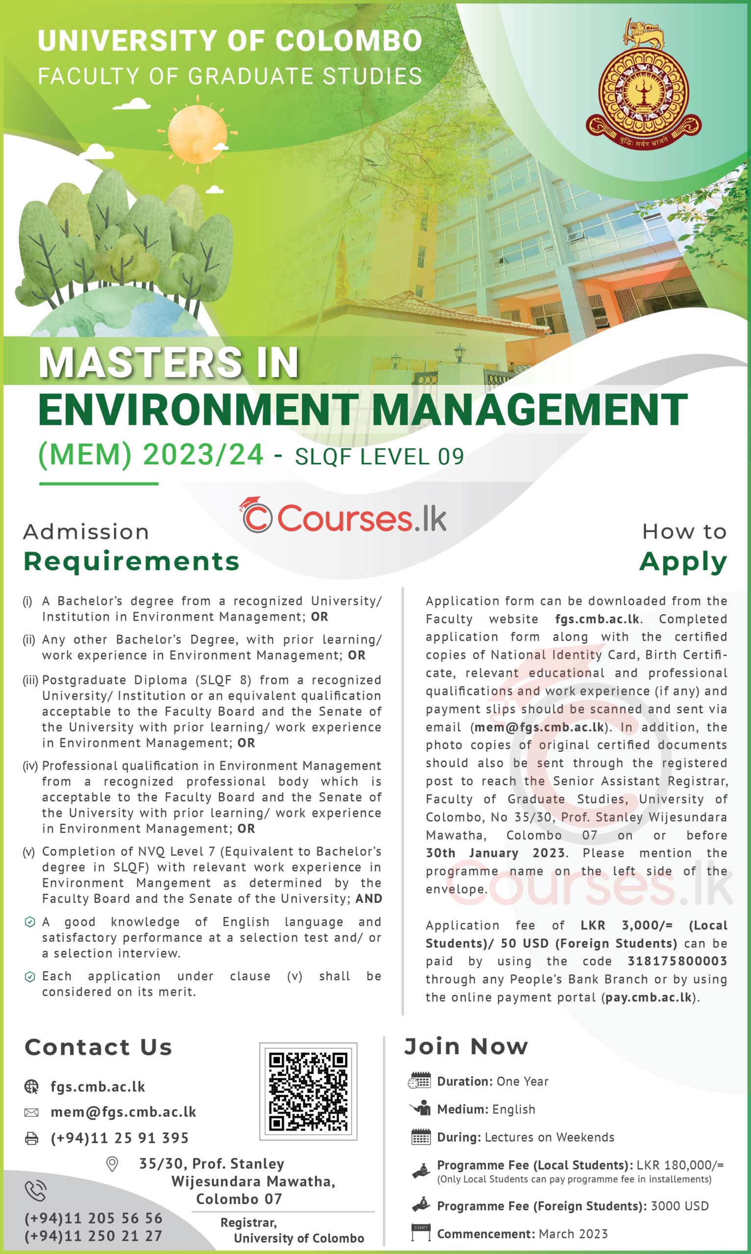 Masters in Environment Management (MEM) 2023/24 - University of Colombo