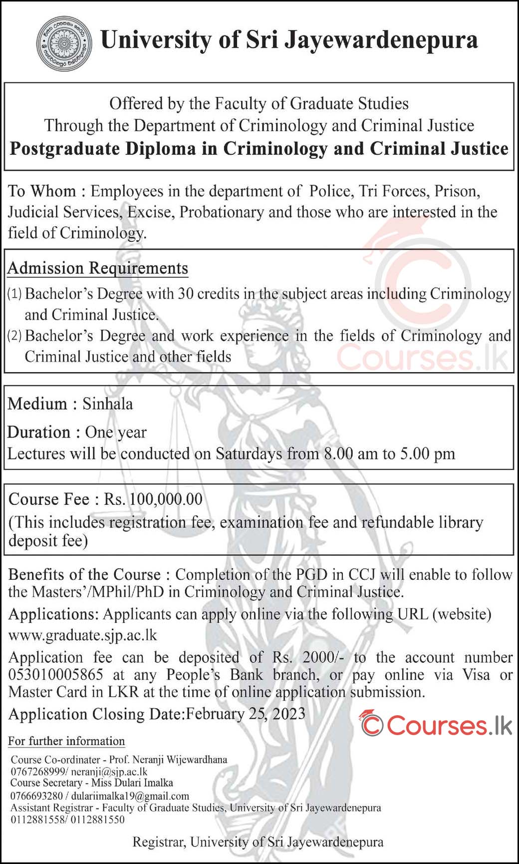 Postgraduate Diploma in Criminology and Criminal Justice 2023 - University of Sri Jayewardenepura