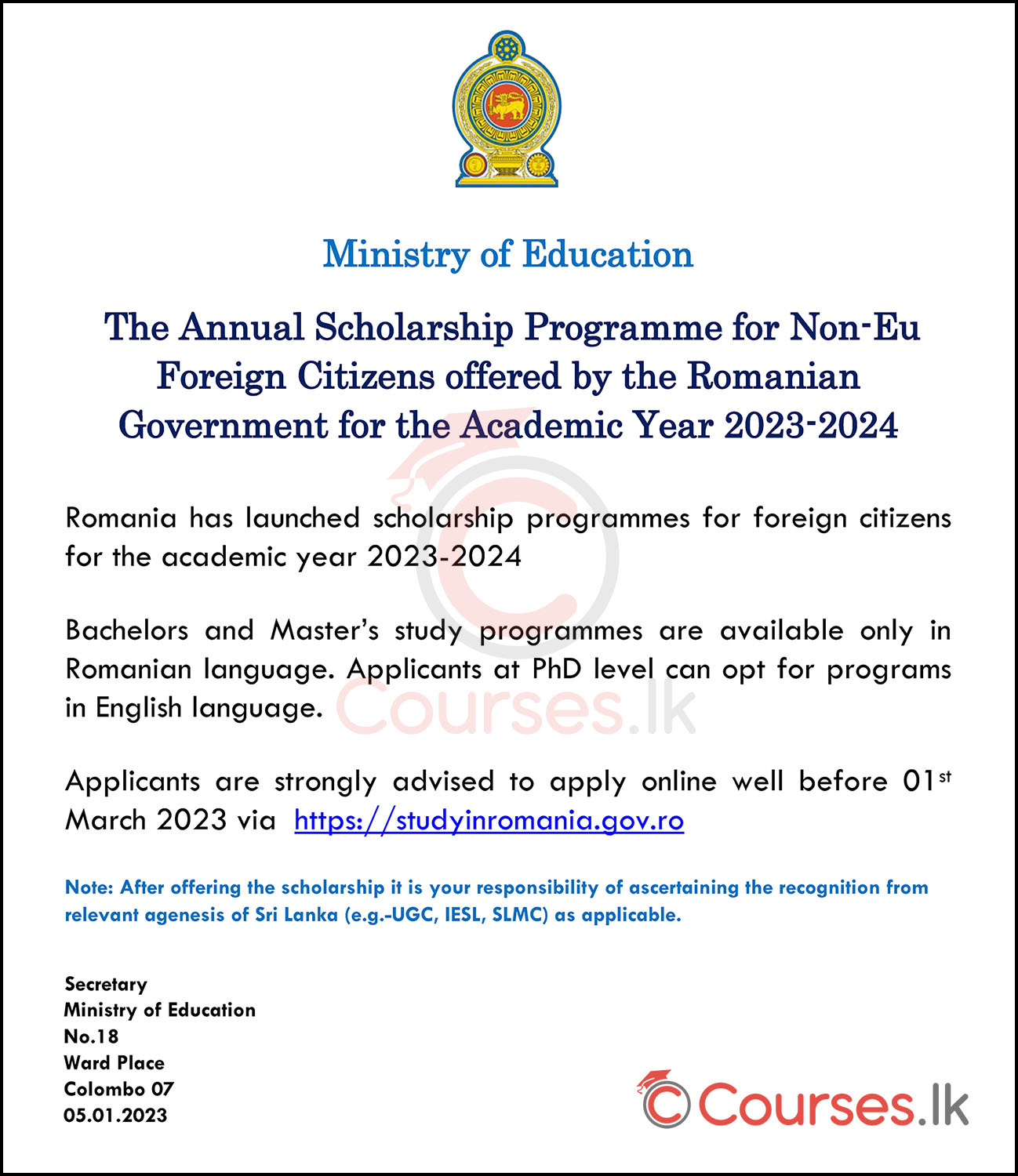 Romanian Government Scholarship for Non-Eu Foreign Citizens for Academic Year 2023-2024