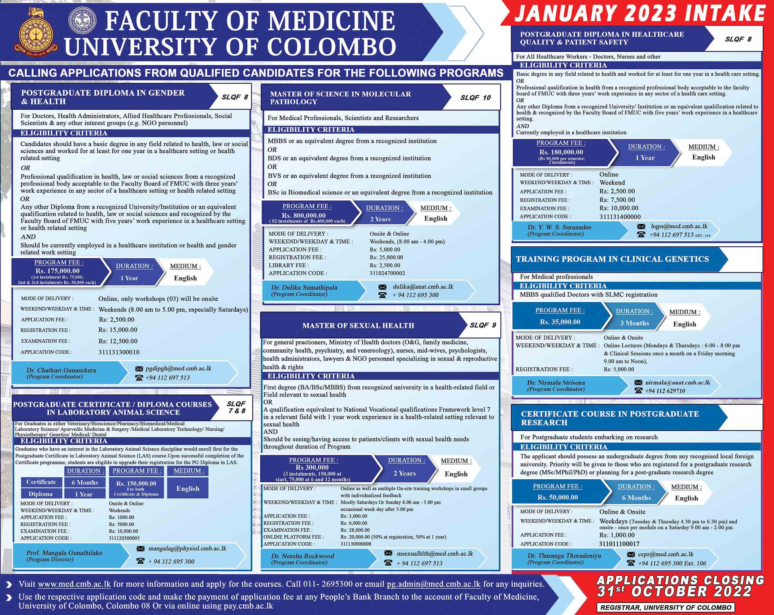 Admission for Courses 2023 - Faculty of Medicine, University of Colombo