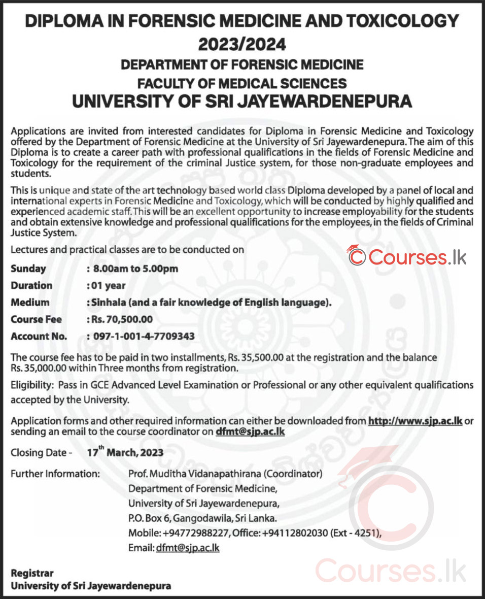 Diploma in Forensic Medicine and Toxicology 2023 - University of Sri Jayewardenepura
