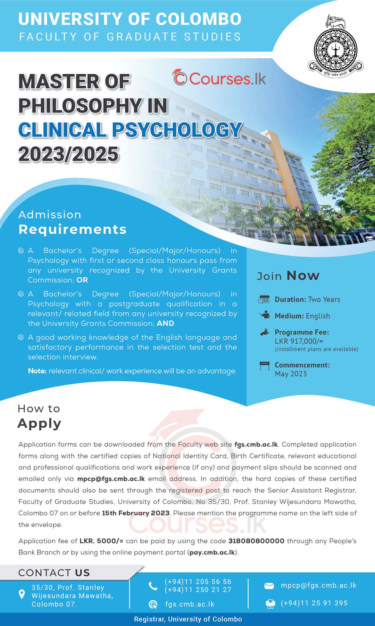 Call for Applications - Master of Philosophy (MPhil) in Clinical Psychology Programme 2023/2025 from the University of Colombo