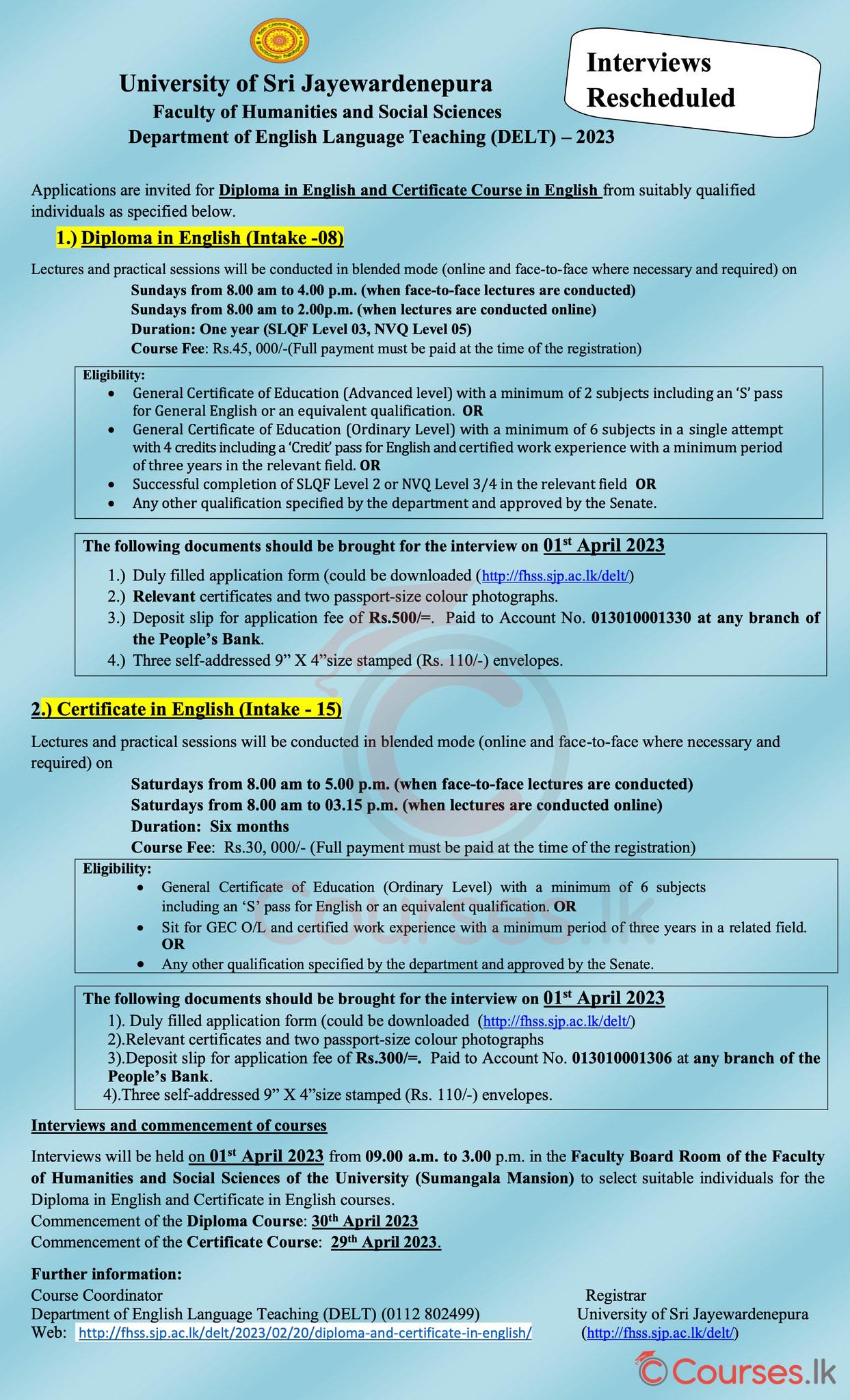 Call for Applications - Diploma & Certificate Courses in English (2023) - University of Sri Jayewardenepura