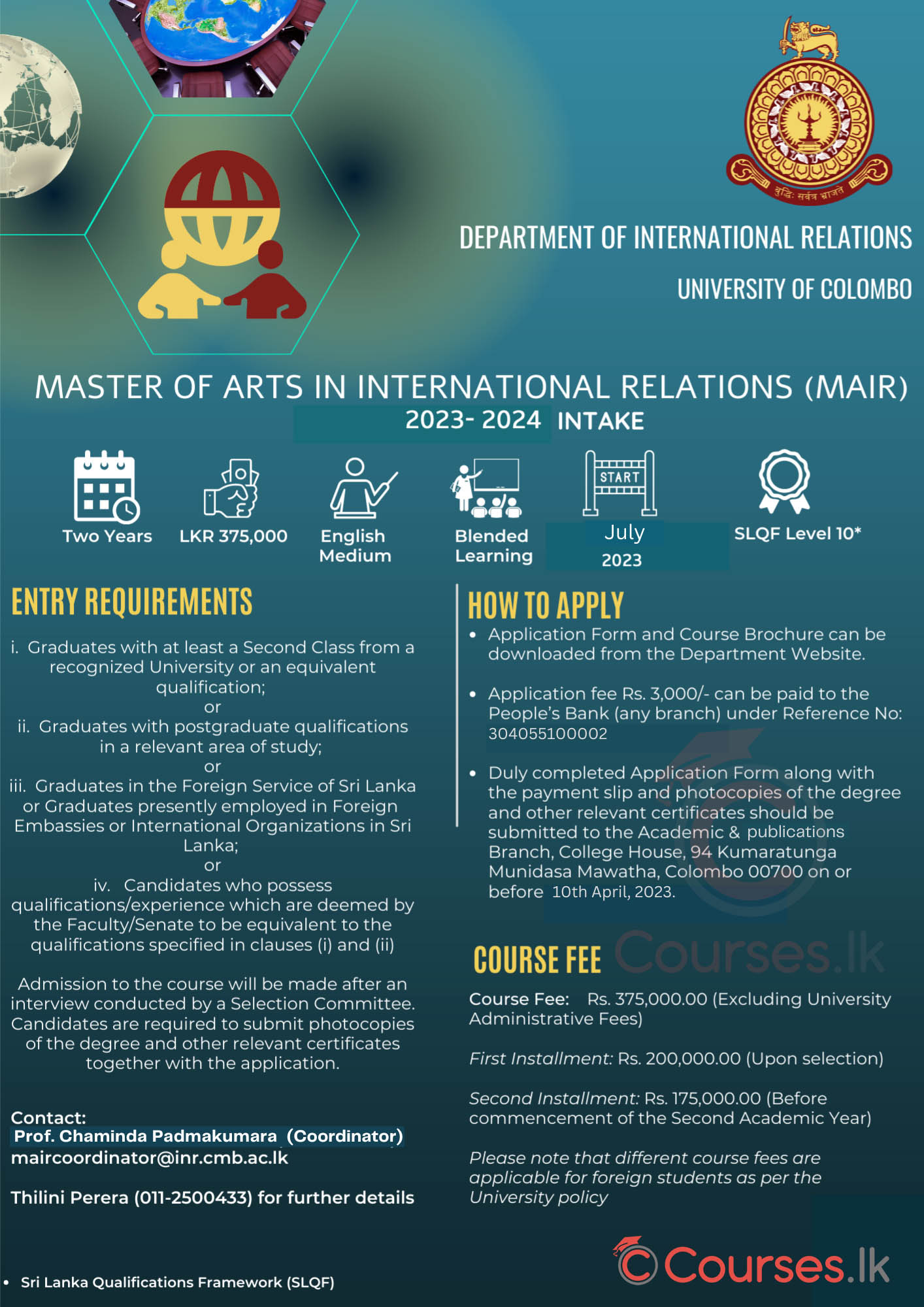 Call for Applications - Master of Arts (MA) in International Relations (MAIR) Intake 2023/24 from the Department of International Relations, Faculty of Arts, University of Colombo