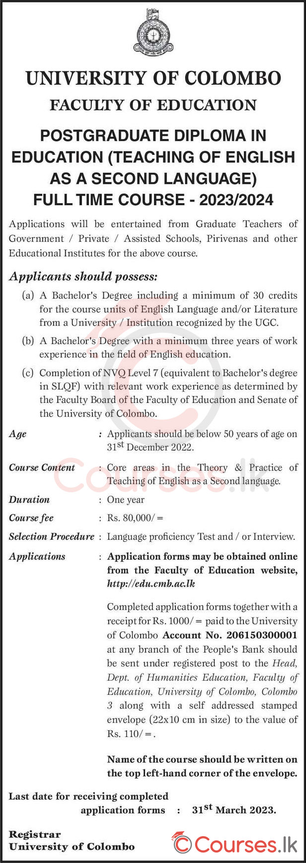 PGDE (Teaching of English as a Second Language - TESL) 2023/24 - University of Colombo