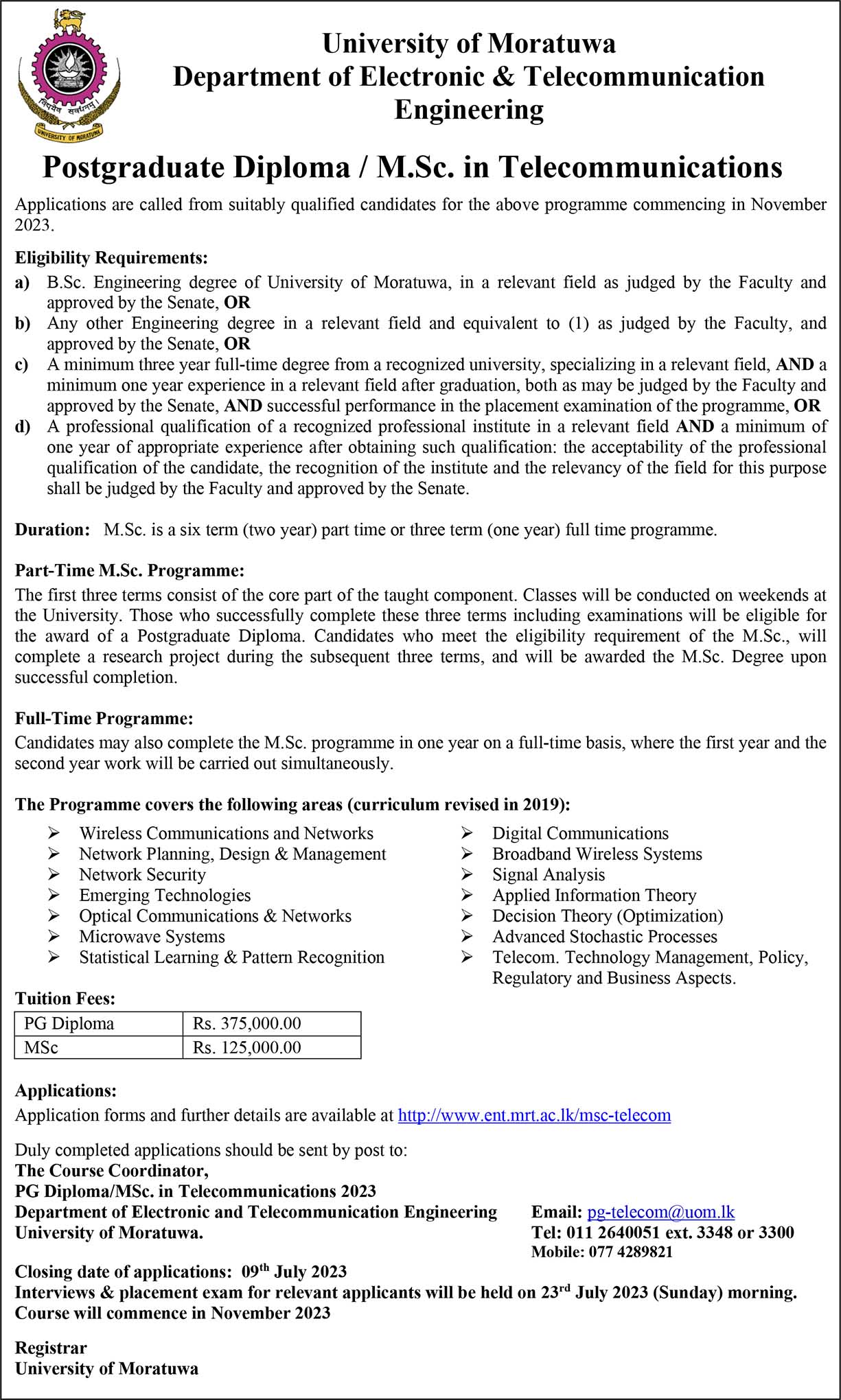 PG Diploma / MSc in Telecommunications 2023 - University of Moratuwa
