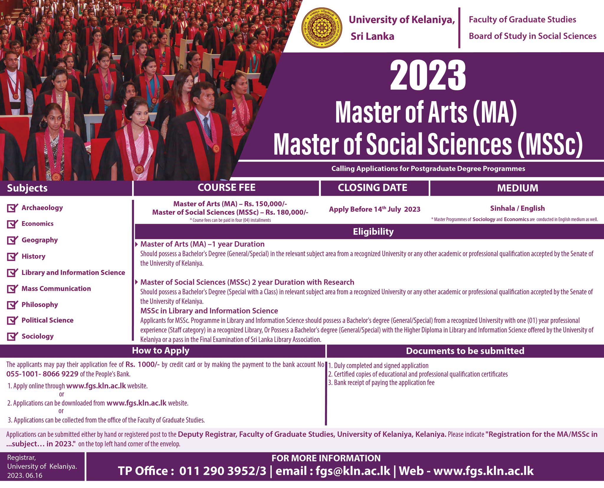Master of Arts (MA), Master of Social Sciences (MSSc) Degree Programmes 2023 - University of Kelaniya