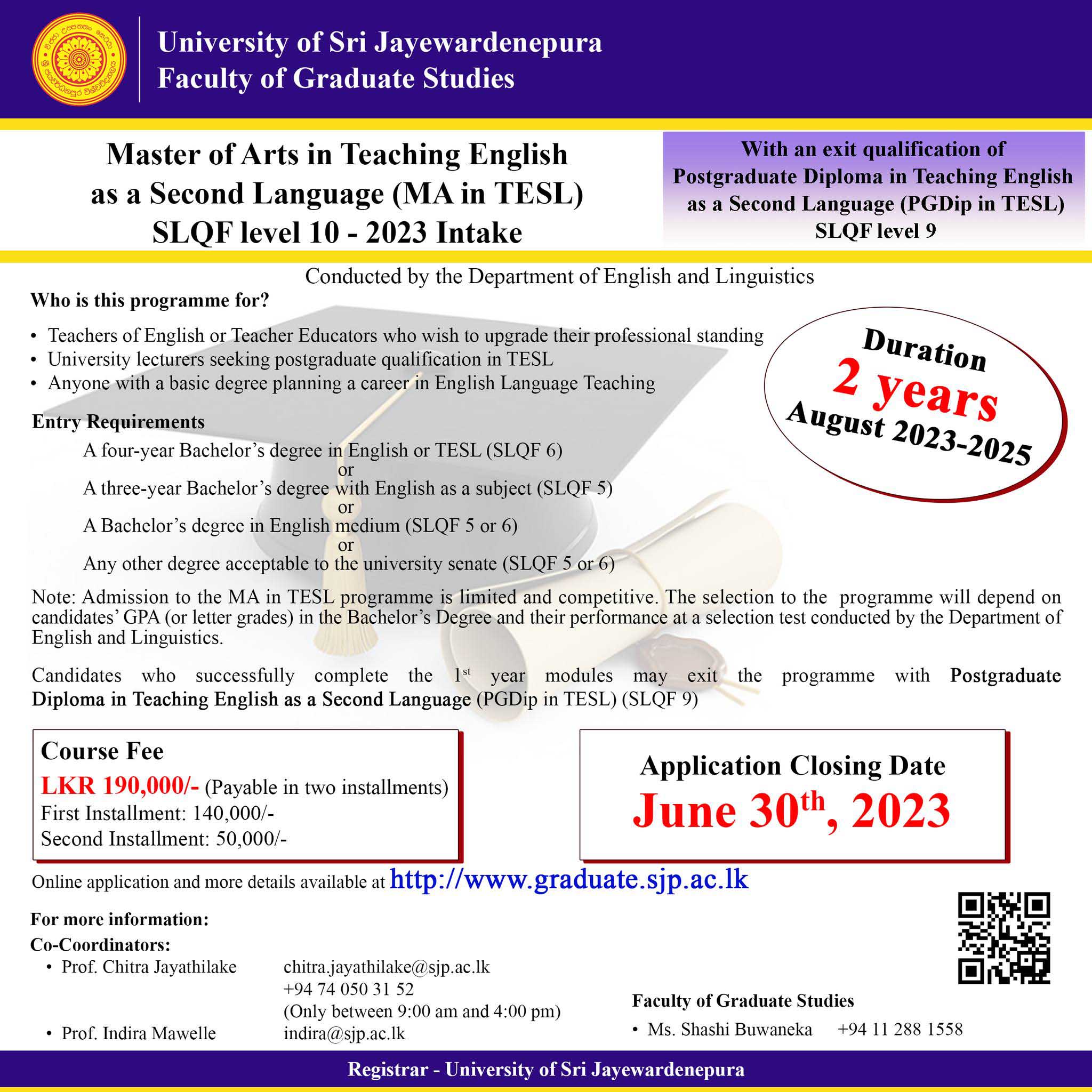 Master of Arts in Teaching English as a Second Language (MA in TESL) 2023 - University of Sri Jayewardenepura