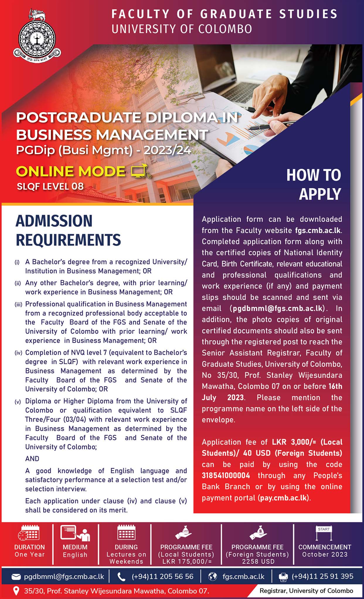 Call for Applications - Postgraduate Diploma in Business Management (PGDip in Busi Mgmt) 2023/24 (Online Mode) from the Faculty of Education, University of Colombo