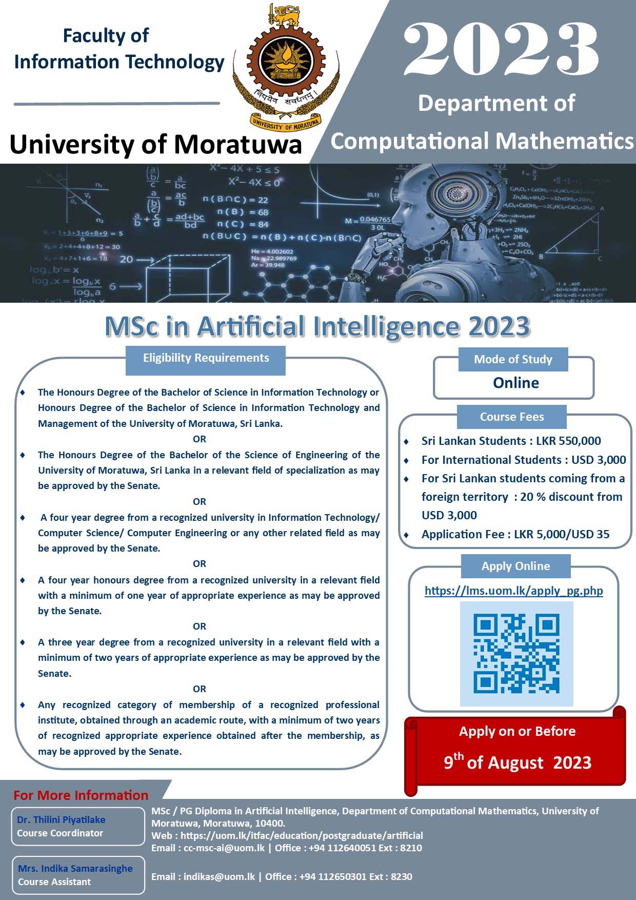 MSc / PGDip in Artificial Intelligence (AI) 2023 - University of Moratuwa