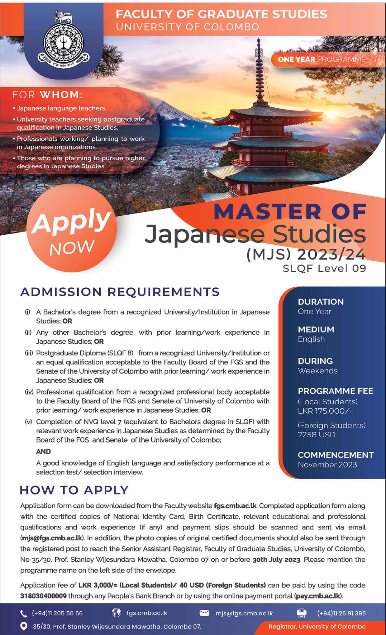 Masters in Japanese Studies 2023 - University of Colombo